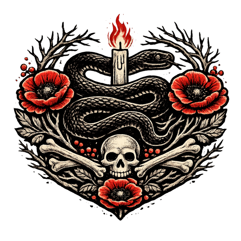 The Bone Path logo A black snake coils around a candle and a skull, surrounded by red poppy flowers and bones.