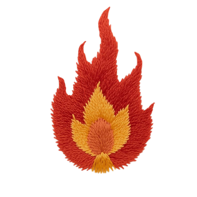Embroidered flame Flame motif with shades of red and orange, resembling flickering fire as a symbol of magick and folkways.