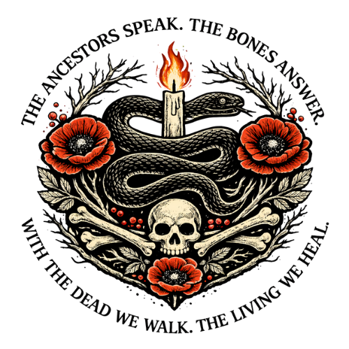 The Bone Path logo A snake entwined around a skull, surrounded by poppies and a candle, with a quote.